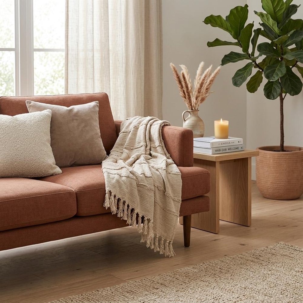 50" X 60" Natural Cotton Woven Floral Throw Blanket with Tassels and Fringe