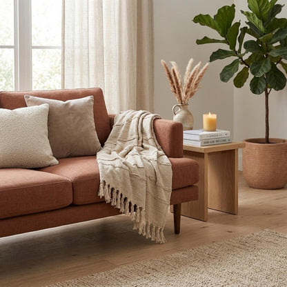 50" X 60" Natural Cotton Woven Floral Throw Blanket with Tassels and Fringe