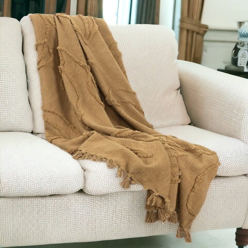 50" X 60" Camel Cotton Floral Throw Blanket with Tassels And Fringe