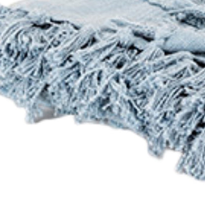 50" X 60" Light Blue Cotton Woven Throw Blanket with Tassels And Fringe