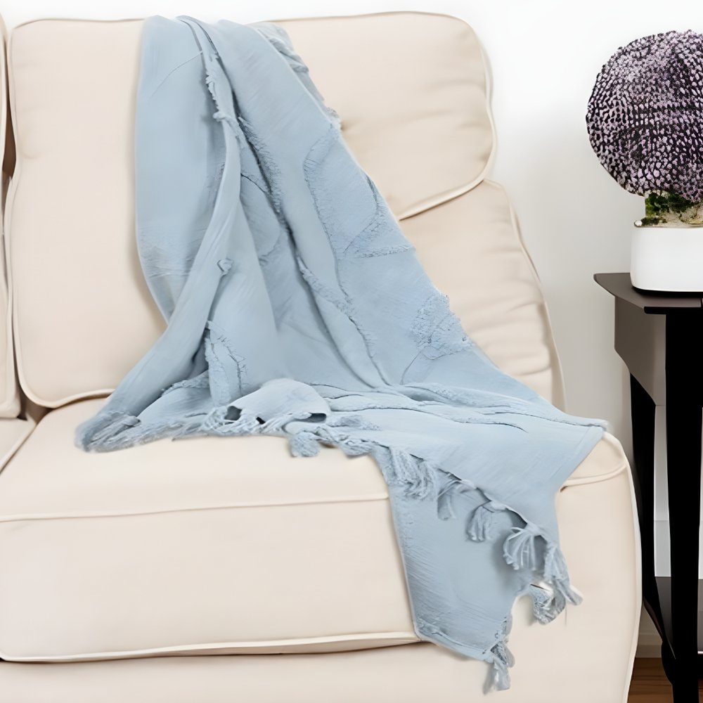 50" X 60" Light Blue Cotton Woven Throw Blanket with Tassels And Fringe