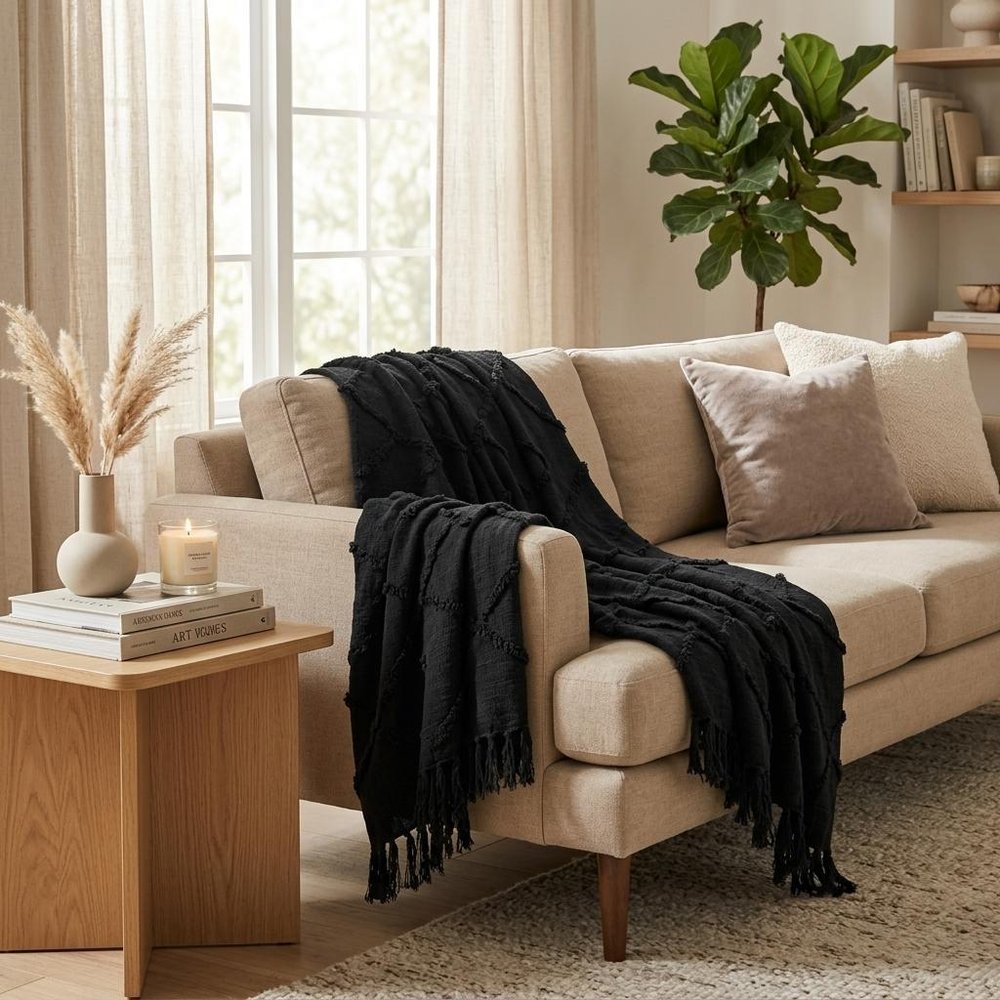 Black Woven 100% Woven Textured Cotton Throw Blanket