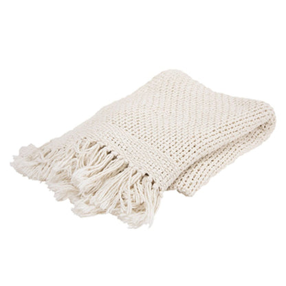 50" X 60" White Cotton Knitted Throw Blanket with Fringe