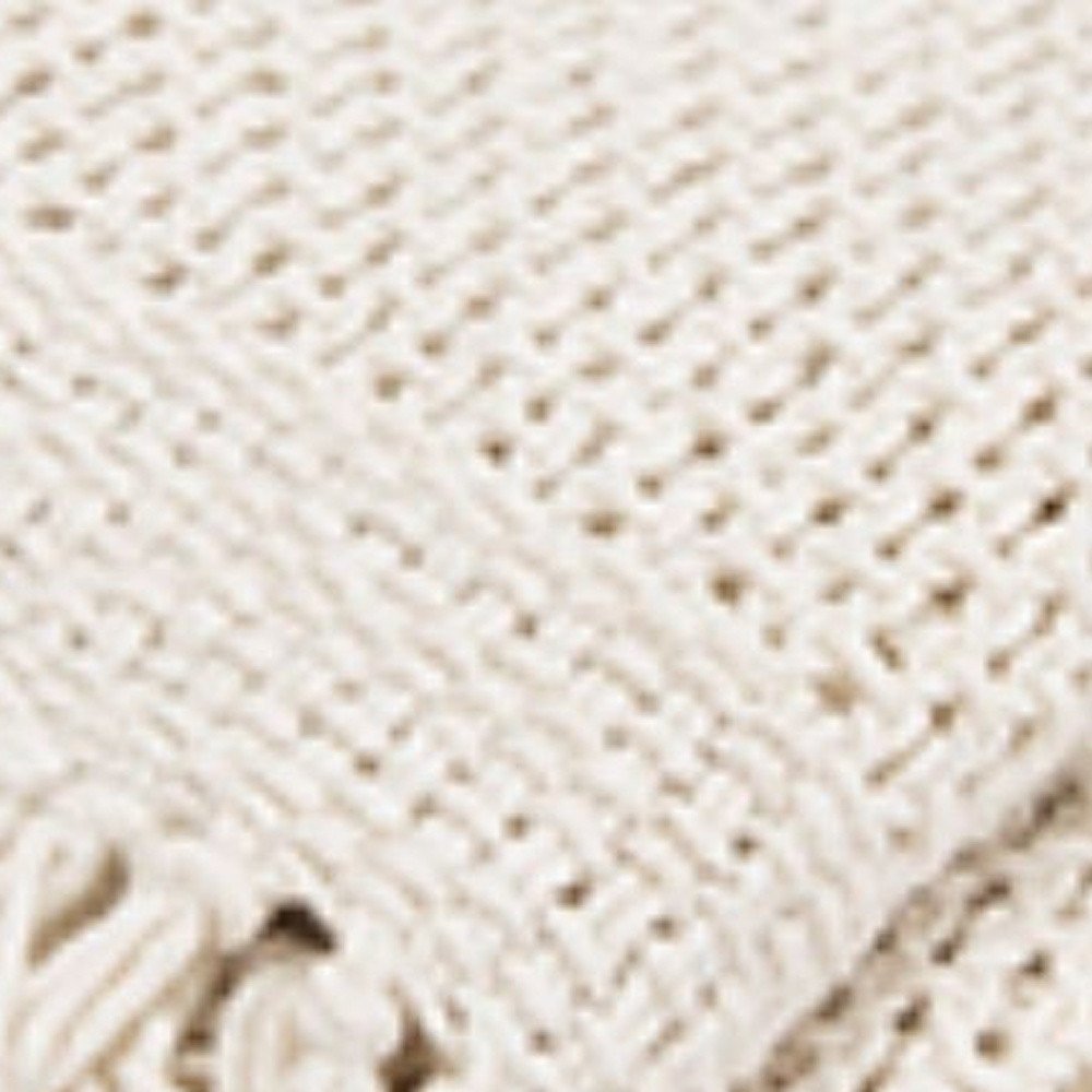 50" X 60" White Cotton Knitted Throw Blanket with Fringe