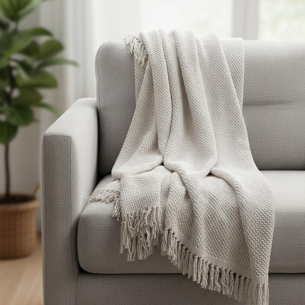 50" X 60" White Cotton Knitted Throw Blanket with Fringe