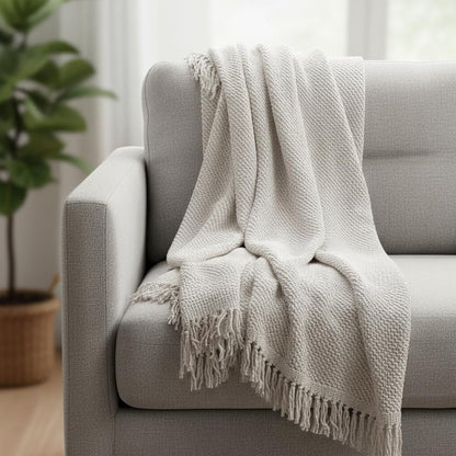 50" X 60" White Cotton Knitted Throw Blanket with Fringe
