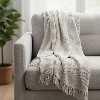 50" X 60" White Cotton Knitted Throw Blanket with Fringe