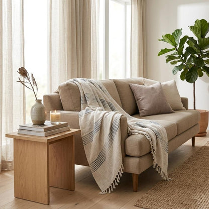 Gray Woven Cotton Throw Blanket with Fringe