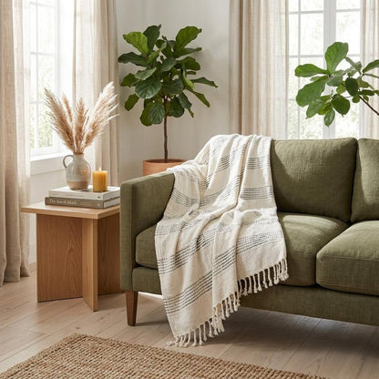Beige and Gray Woven Cotton Throw Blanket with Fringe