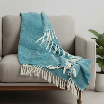 50" X 60" Teal And Blue Poly PET Woven Abstract Throw Blanket with Tassels