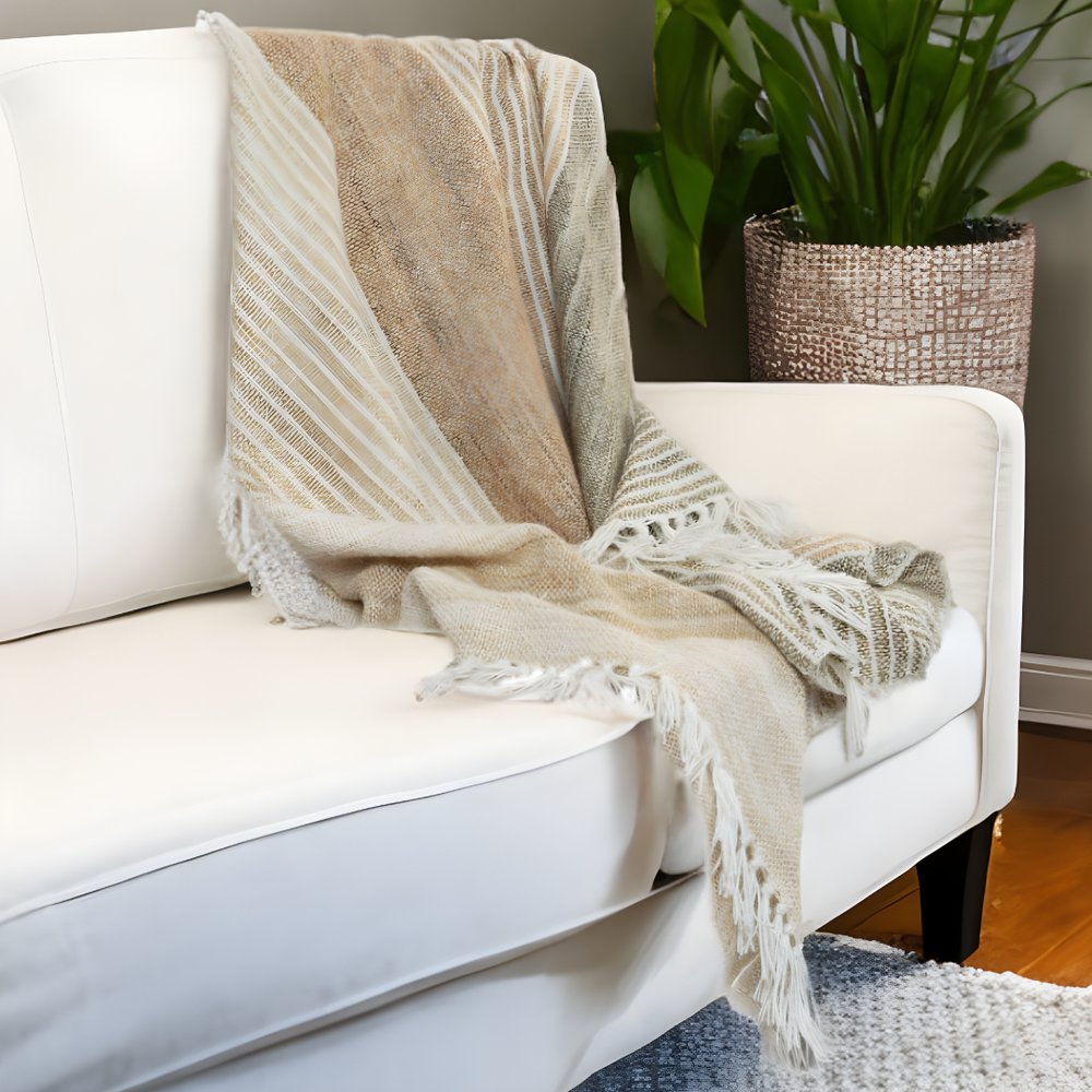 50" X 60" Beige Brown And Ivory Recycled Poly PET Striped Throw Blanket with Tassels