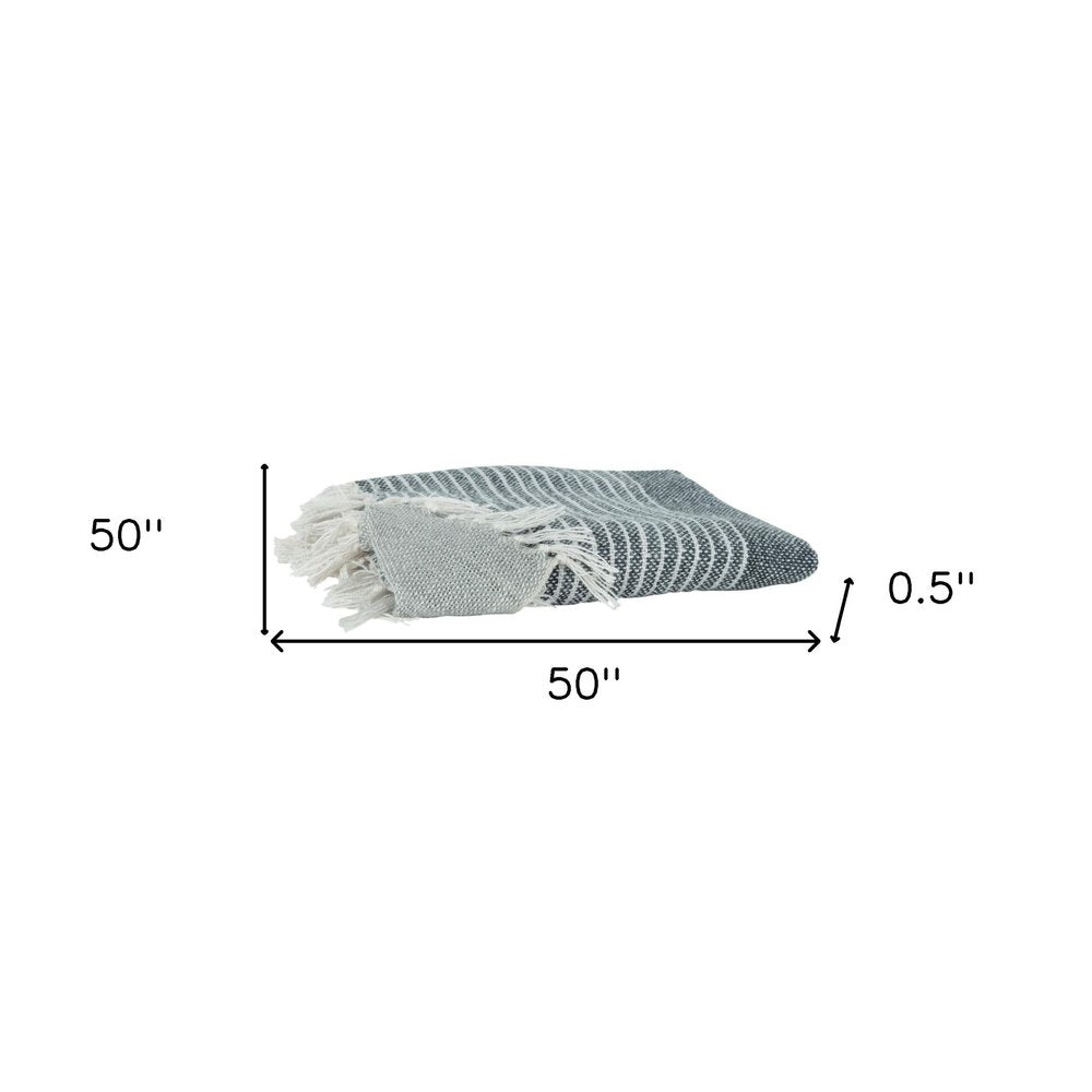 Gray and White Woven Recycled PET Polyester Throw Blanket with Tassels