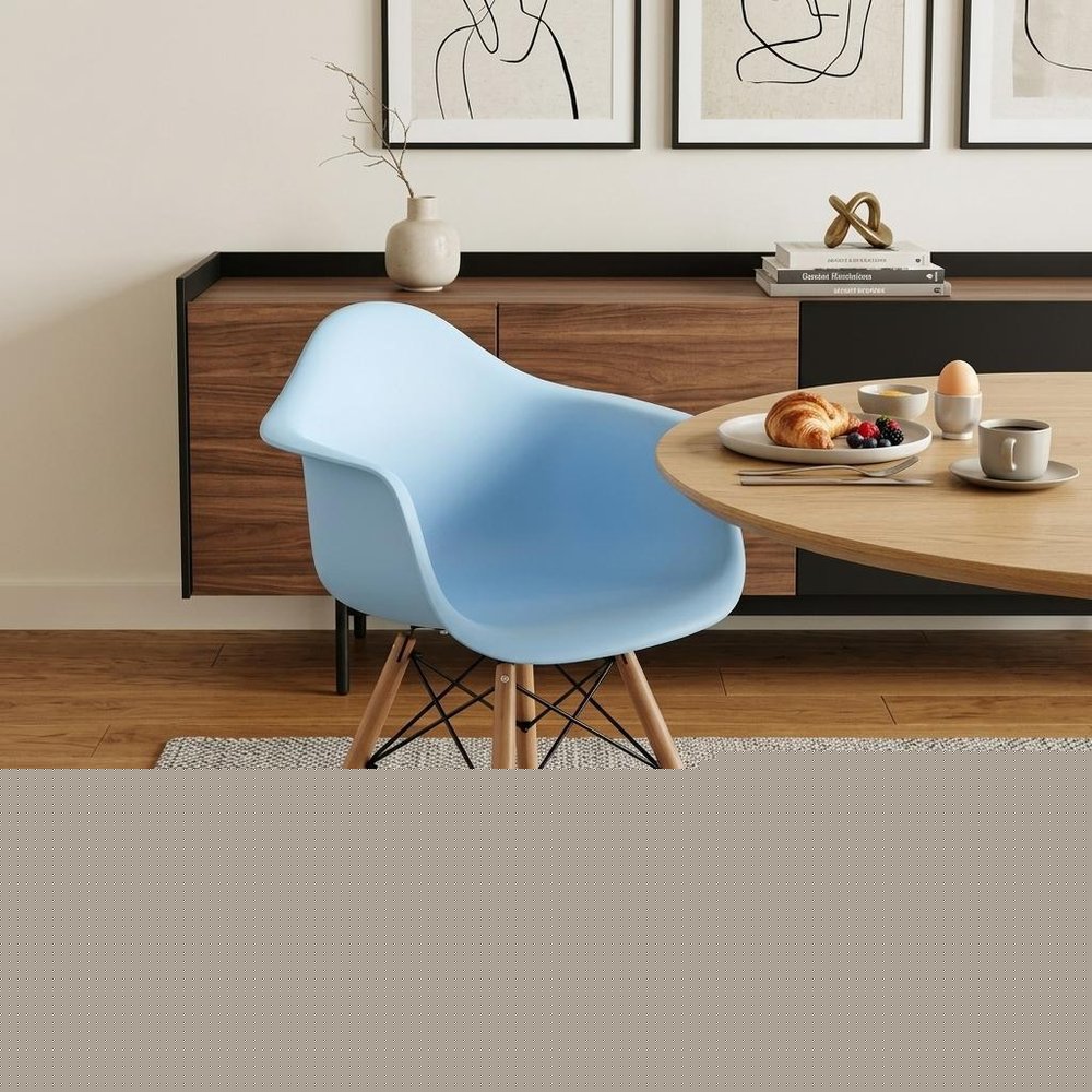 Blue And Natural Heavy Duty Plastic And Solid Wood Dining Arm Chair
