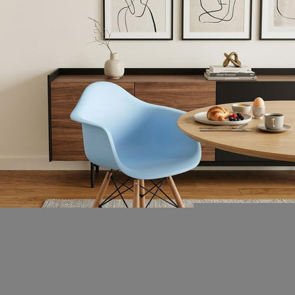 Blue And Natural Heavy Duty Plastic And Solid Wood Dining Arm Chair