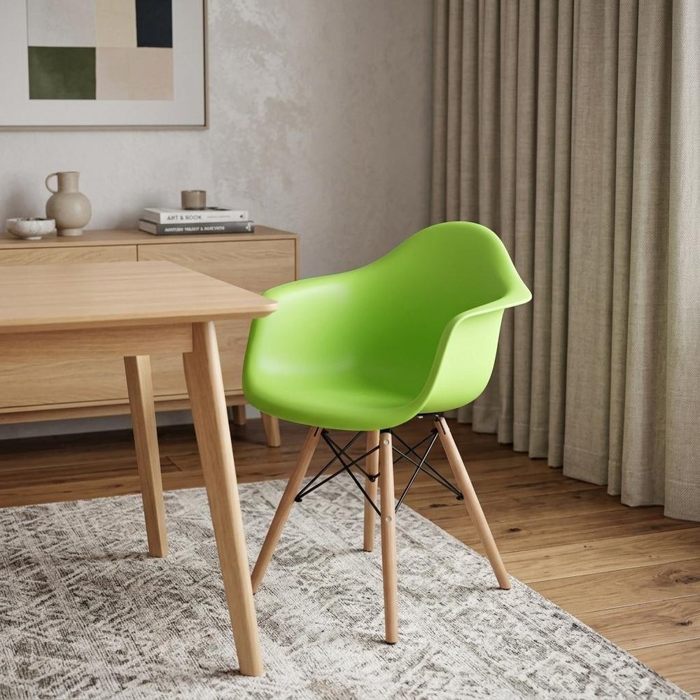 Green And Natural Heavy Duty Plastic And Solid Wood Dining Arm Chair