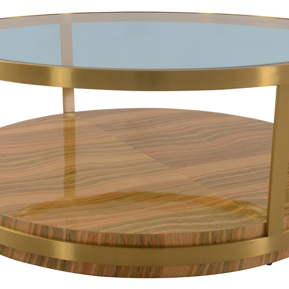43" Clear Gold And Brown Glass Wood and Metal Round Coffee Table With Shelf
