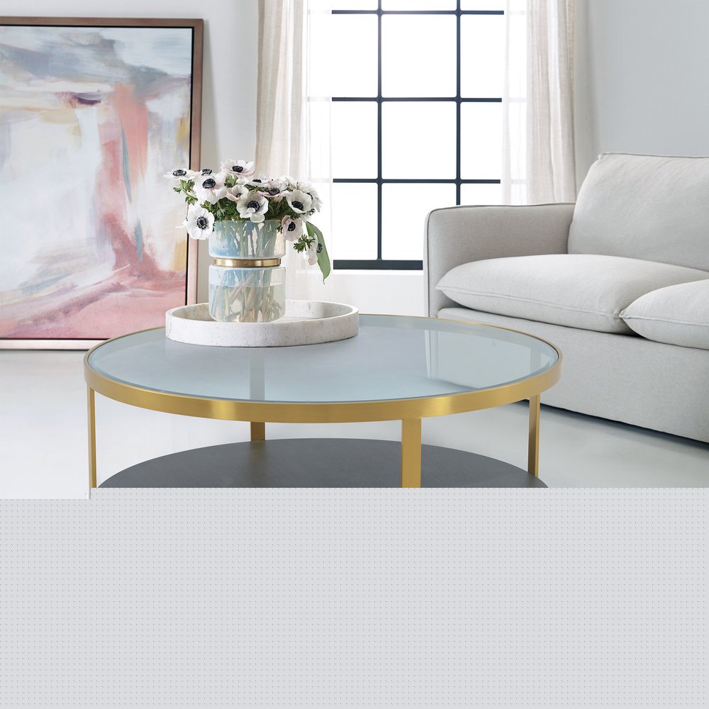 43" Clear And Black Gold Glass And Solid Wood and Metal Round Coffee Table With Shelf