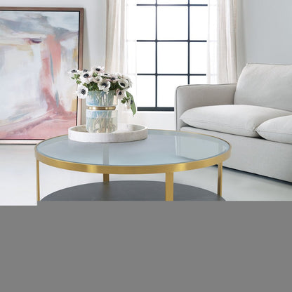 43" Clear And Black Gold Glass And Solid Wood and Metal Round Coffee Table With Shelf
