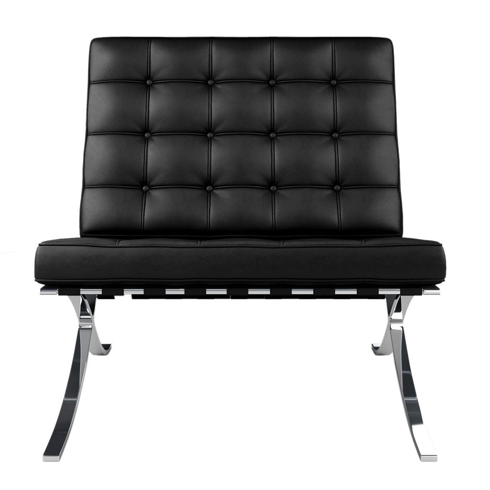 32" Black and Silver Italian Leather Tufted Lounge Chair