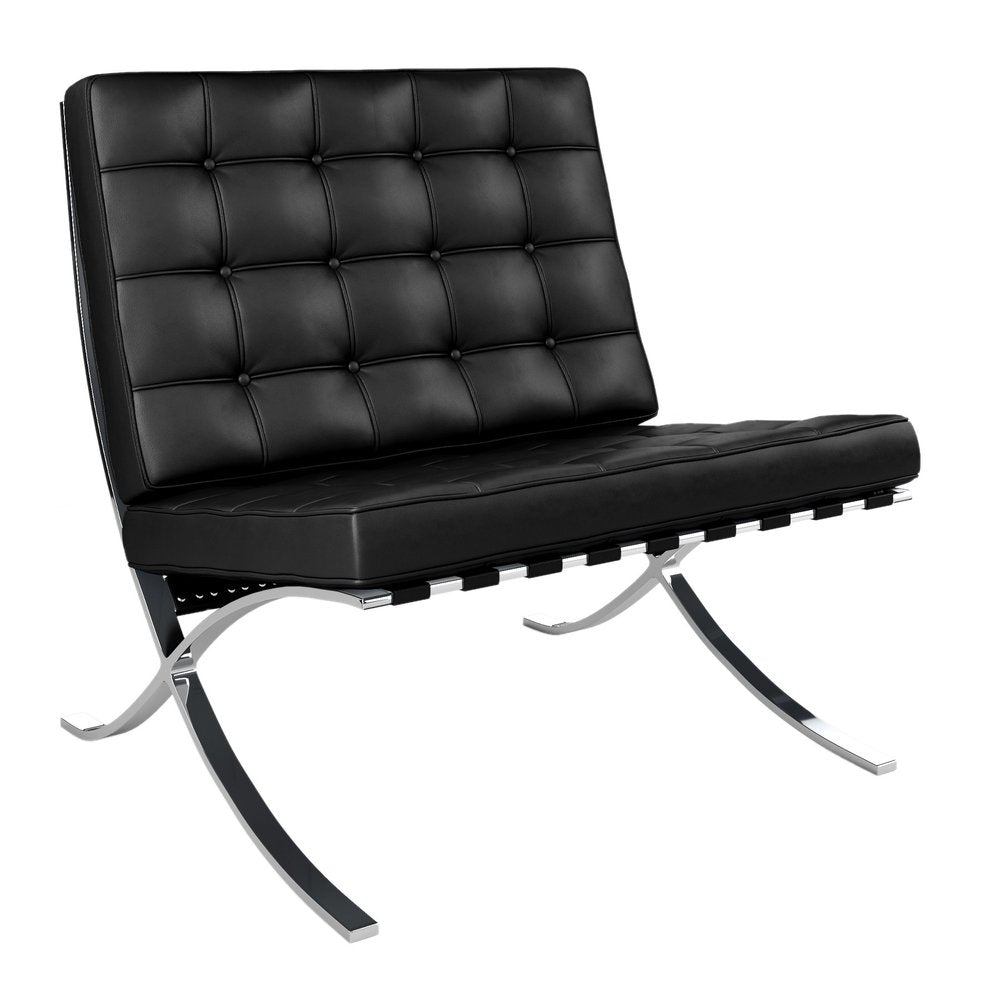 32" Black and Silver Italian Leather Tufted Lounge Chair