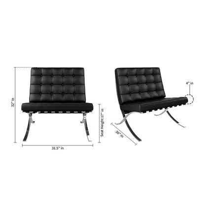 32" Black and Silver Italian Leather Tufted Lounge Chair