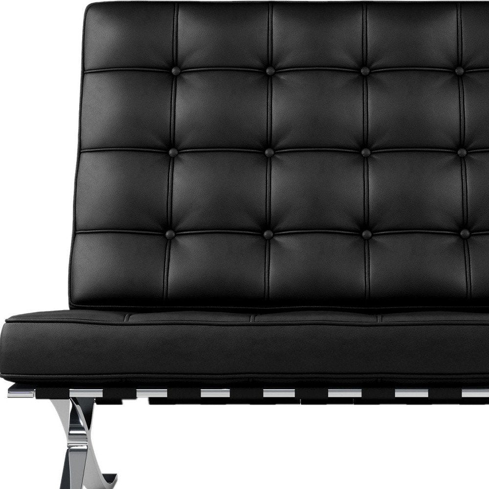 32" Black and Silver Italian Leather Tufted Lounge Chair