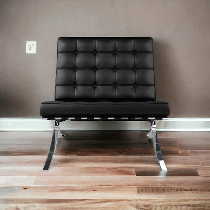 32" Black and Silver Italian Leather Tufted Lounge Chair