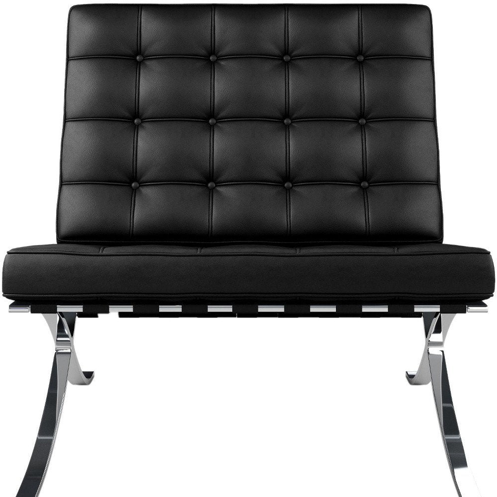 32" Black and Silver Italian Leather Tufted Lounge Chair
