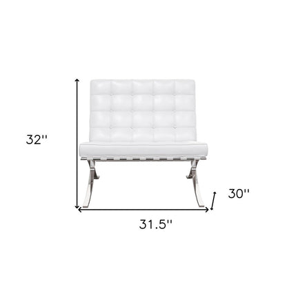 32" White and Silver Italian Leather Tufted Lounge Chair