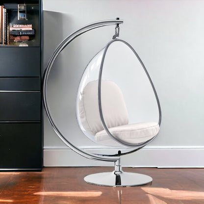 28" White and Silver Faux Leather Balloon Chair