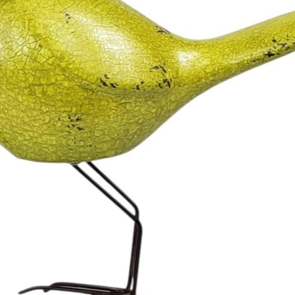 Set of Three Lemongrass Green Polyresin and Metal Bird Sculptures