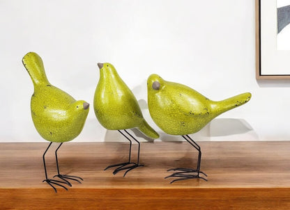 Set of Three Lemongrass Green Polyresin and Metal Bird Sculptures