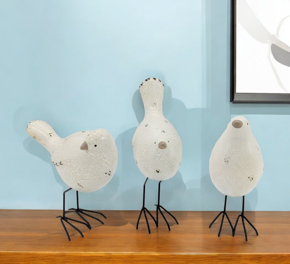 Set of Three Black and White Fabric Bird Statue Tabletop Sculpture