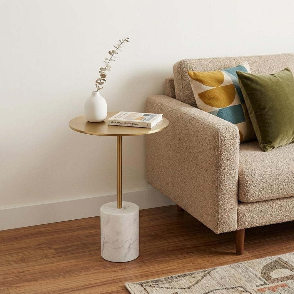 20" White And Gold Steel And Marble Round End Table