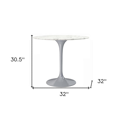32" White And Gray Rounded Stone And Metal Pedestal Base Dining Table