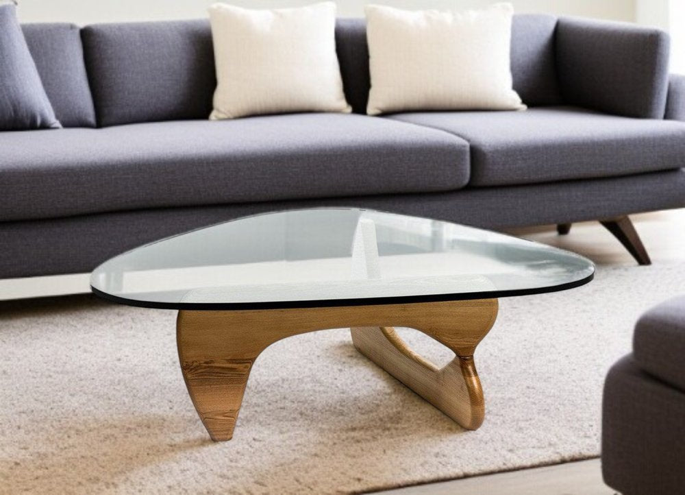 50" Clear And Brown Glass And Solid Wood Triangle Coffee Table