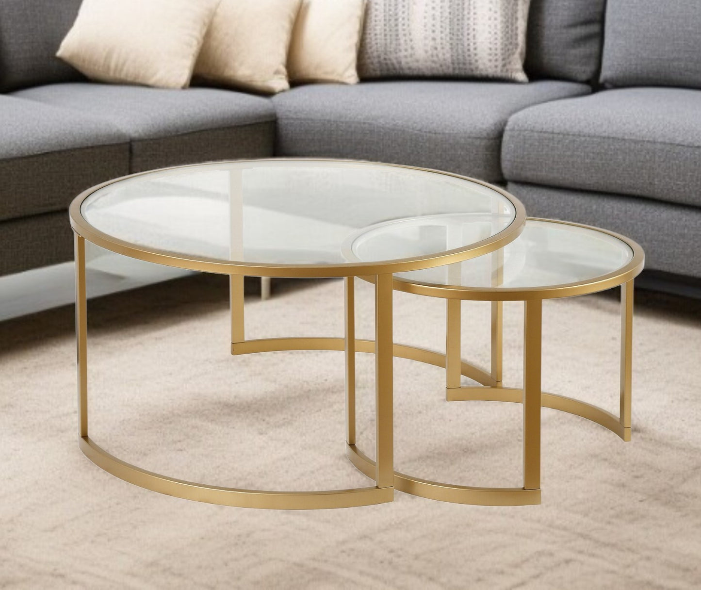 Set of Two Gold Glass And Steel Round Sled Nested Coffee Tables