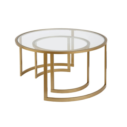 Set of Two Gold Glass And Steel Round Sled Nested Coffee Tables