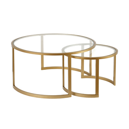 Set of Two Gold Glass And Steel Round Sled Nested Coffee Tables