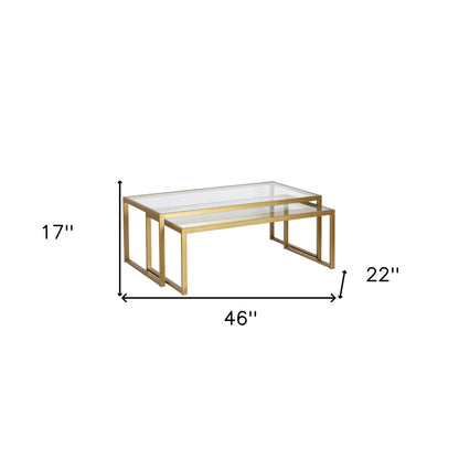 Set of Two Gold Glass And Steel Sled Nested Coffee Tables