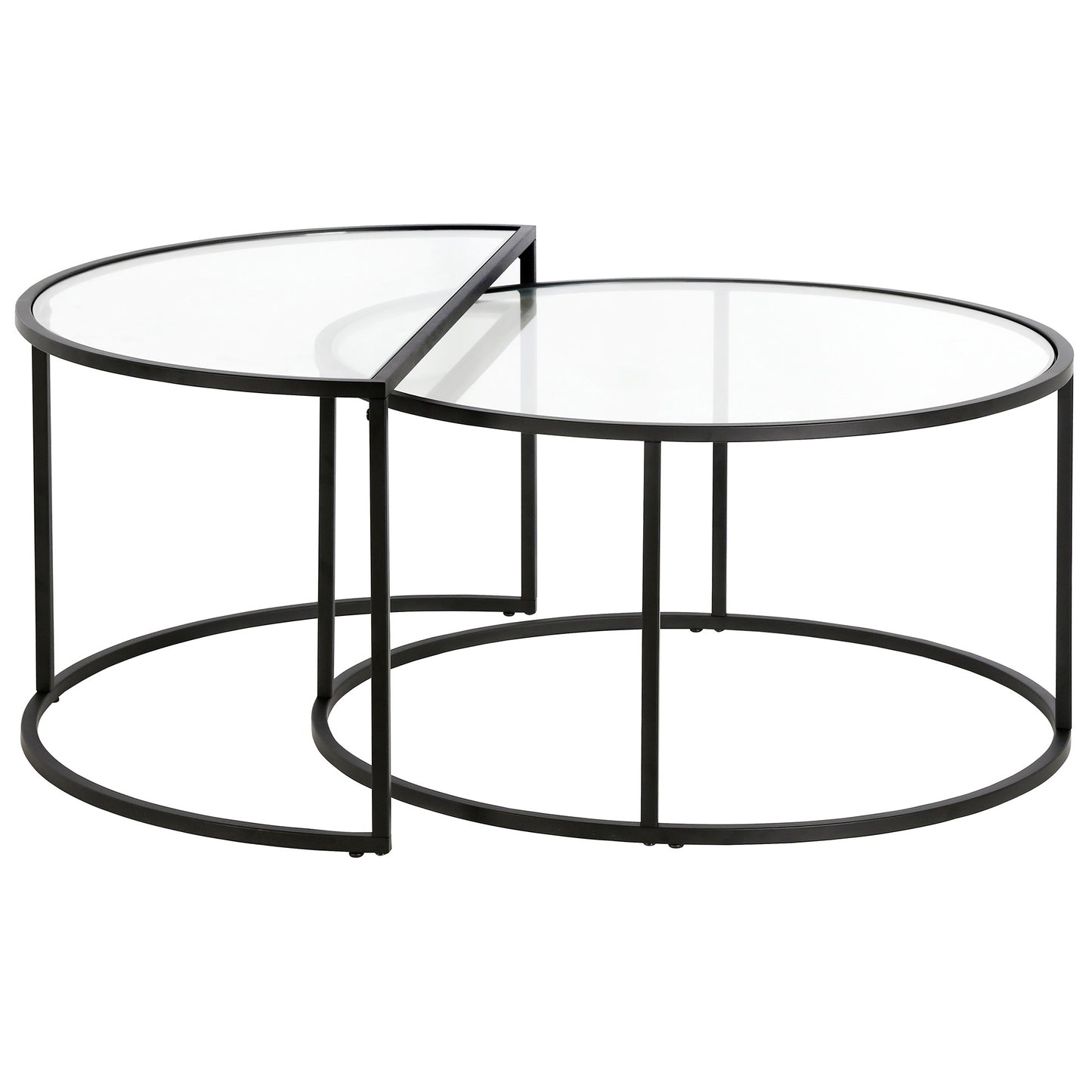 Set of Two Black Glass And Steel Half Circle Frame Nested Coffee Tables
