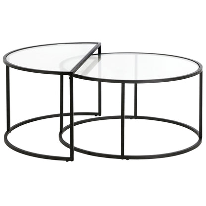 Set of Two Black Glass And Steel Half Circle Frame Nested Coffee Tables