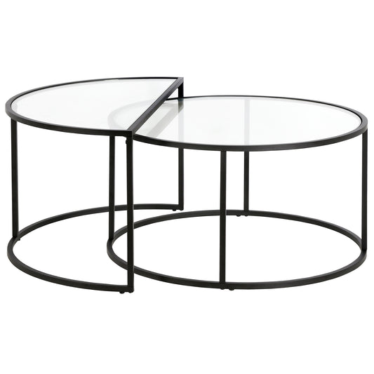 Set of Two Black Glass And Steel Half Circle Frame Nested Coffee Tables