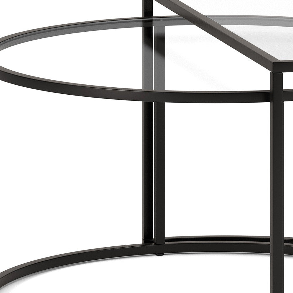 Set of Two Black Glass And Steel Half Circle Frame Nested Coffee Tables