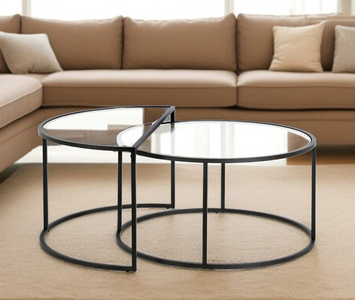 Set of Two Black Glass And Steel Half Circle Frame Nested Coffee Tables
