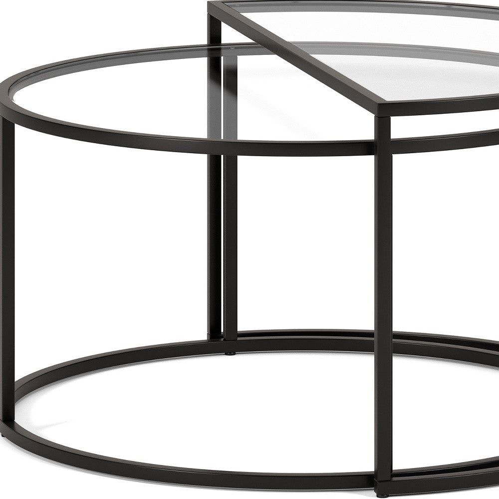 Set of Two Black Glass And Steel Half Circle Frame Nested Coffee Tables