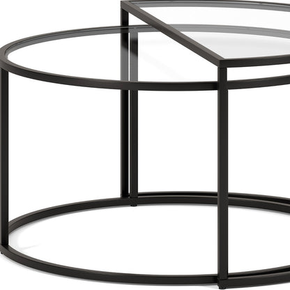 Set of Two Black Glass And Steel Half Circle Frame Nested Coffee Tables