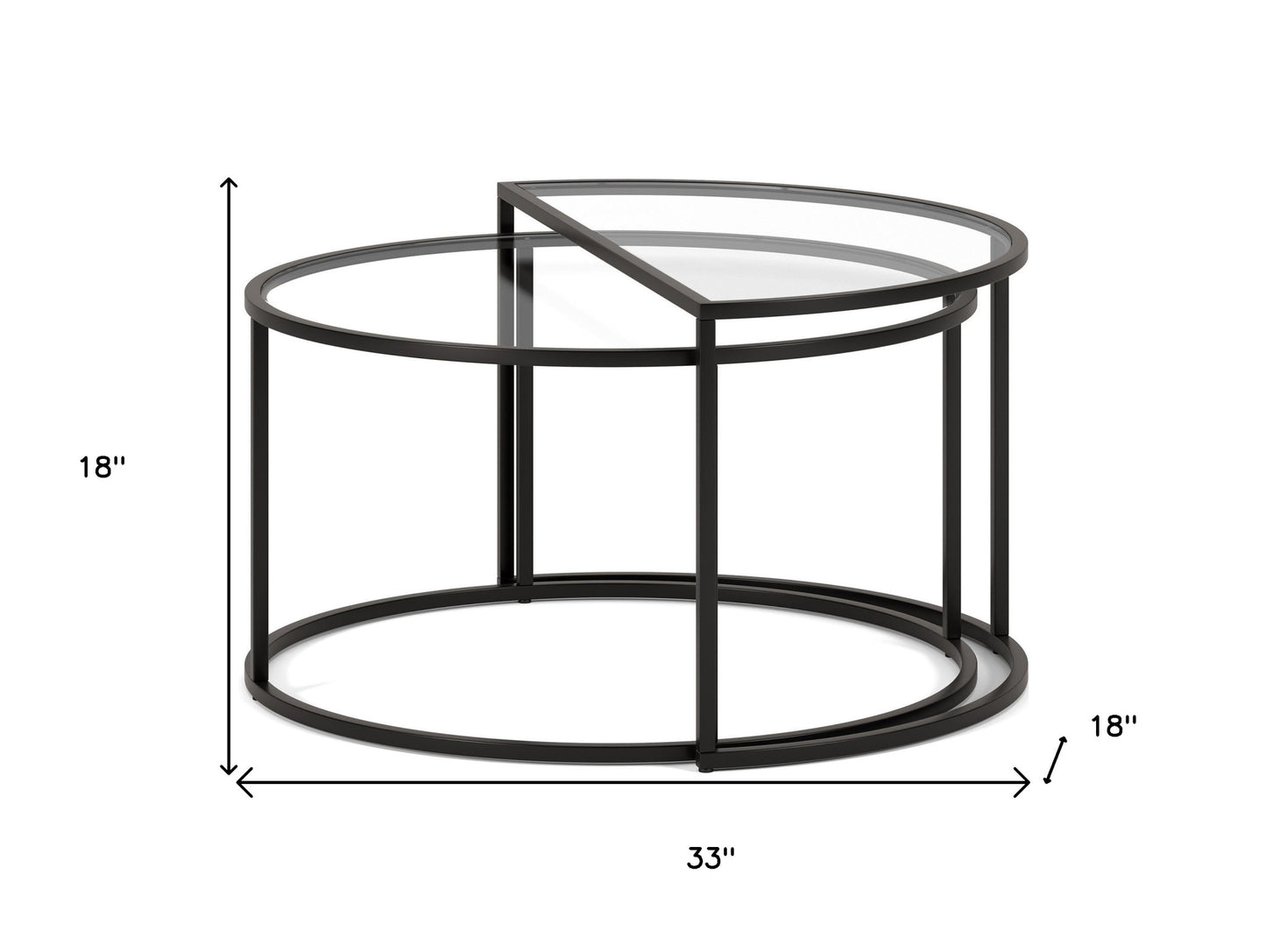 Set of Two Black Glass And Steel Half Circle Frame Nested Coffee Tables