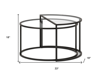 Set of Two Black Glass And Steel Half Circle Frame Nested Coffee Tables