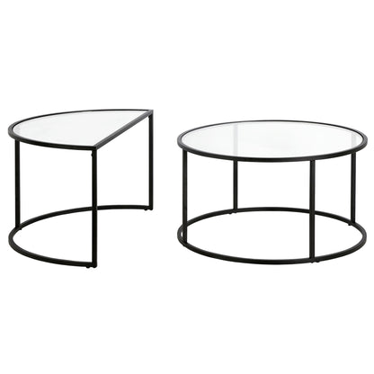 Set of Two Black Glass And Steel Half Circle Frame Nested Coffee Tables